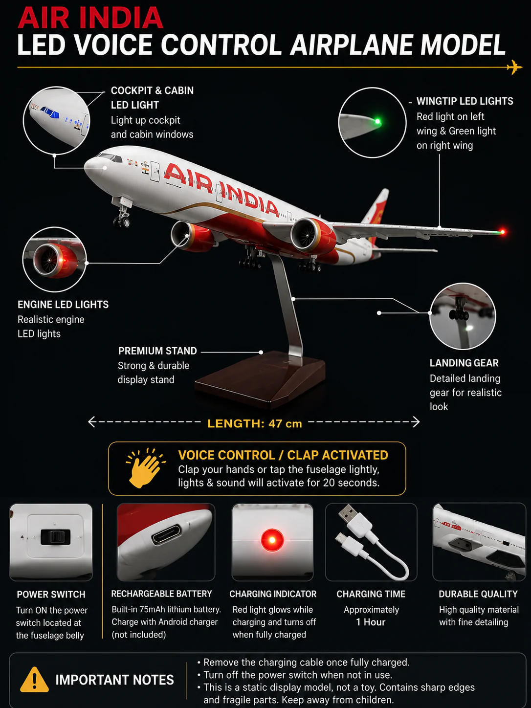 Air India LED Voice Control Airplane Model with Display Stand | 47 cm | Rechargeable LED Aircraft Model scale 1:160 - Image 9