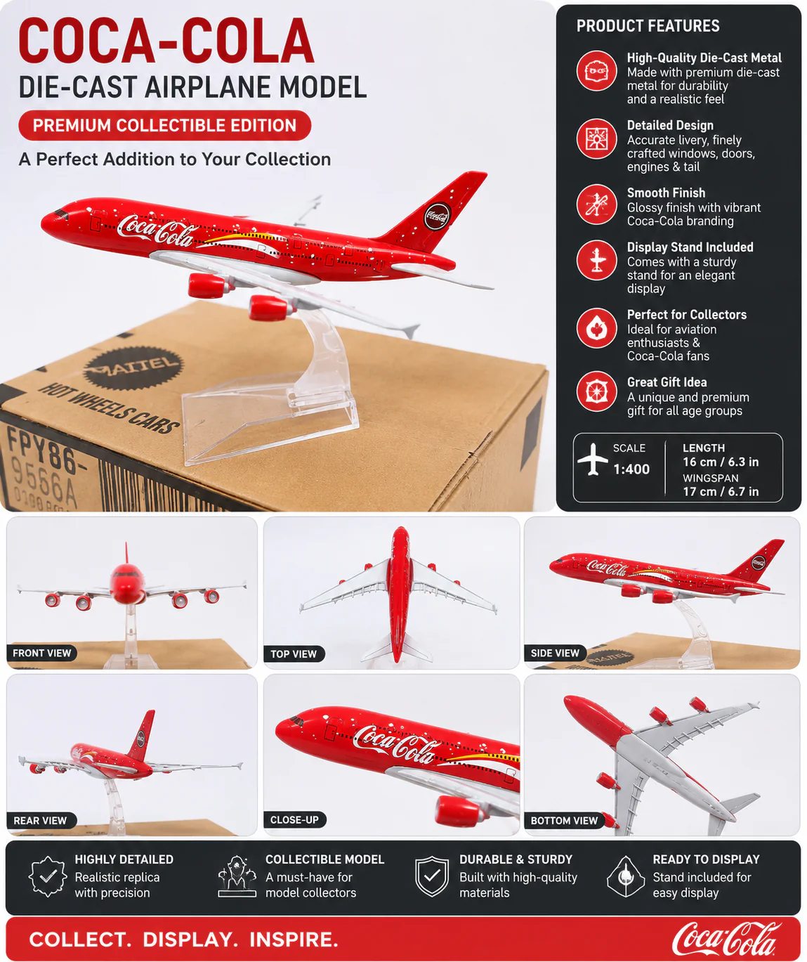 Aircraft Coca-Cola Airbus 380 Airplane Diecast Metal (No.108) Display Stand 16cm Scale - Image 2