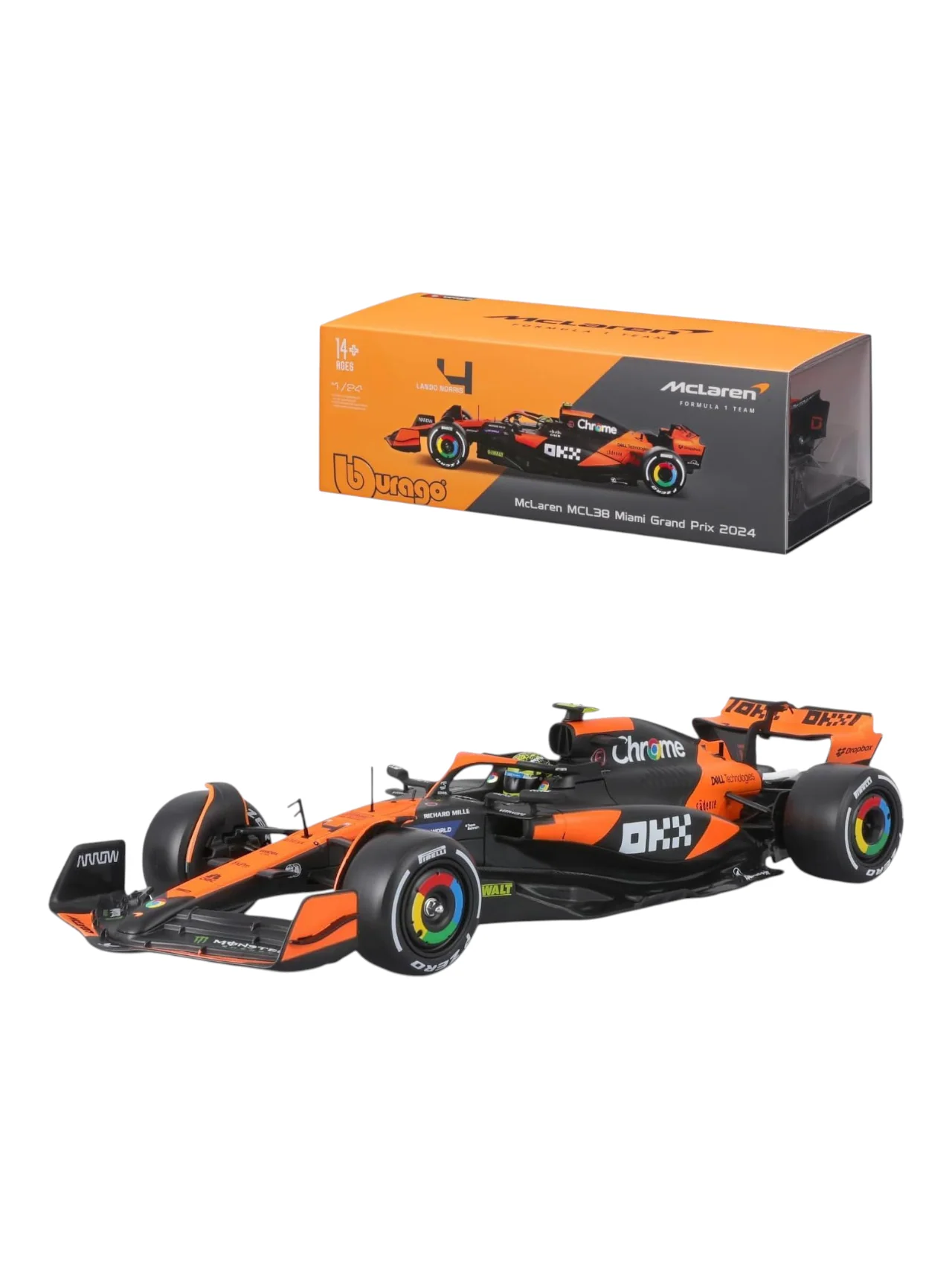 Bburago Formula 1 (F1) Mclaren MCL38-Miami Grand Prix 2024 #4 Lando Norris Diecast 1:24 Scale (With Acrylic Case)