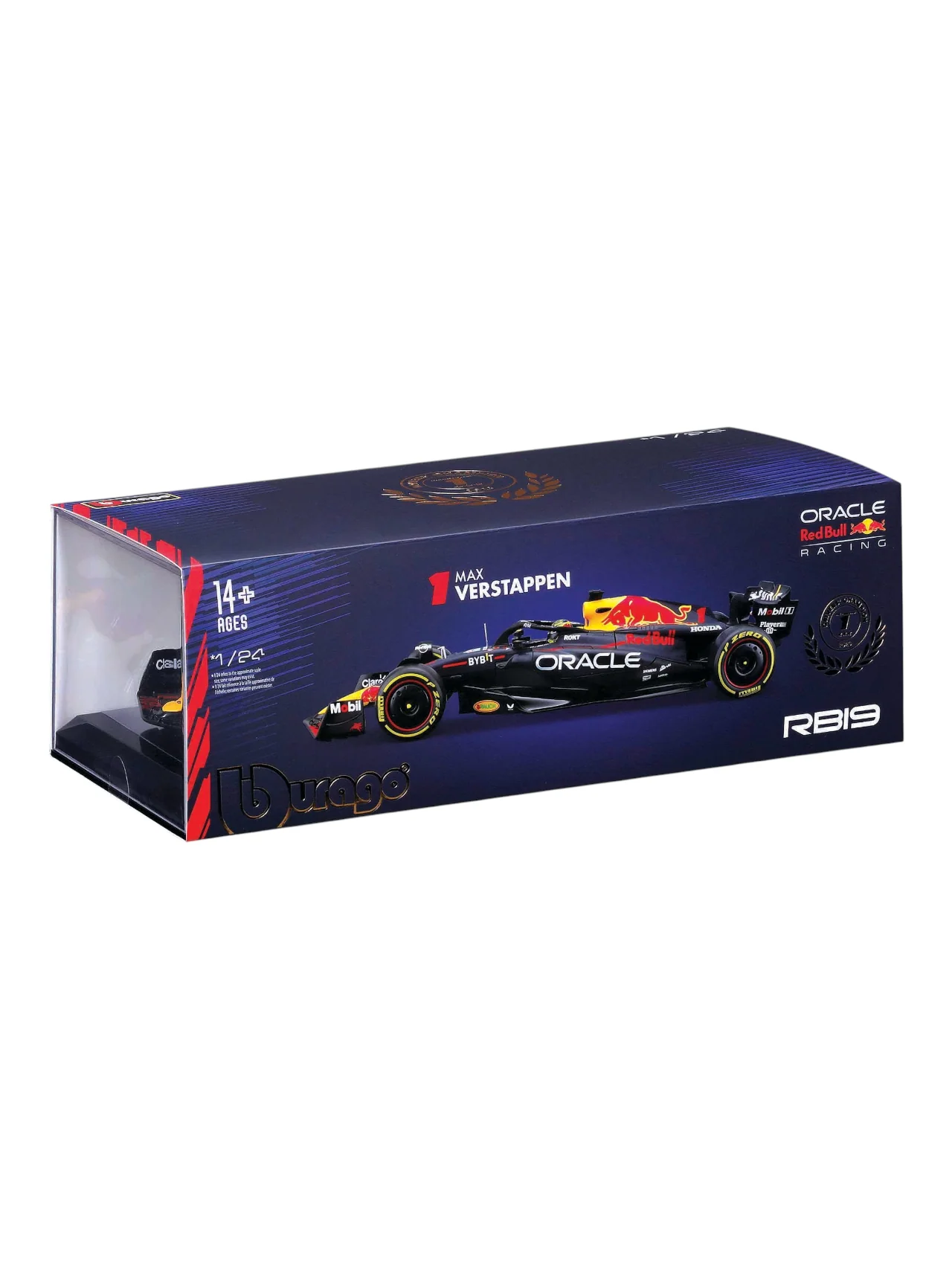 Bburago Formula 1 (F1) Oracle Redbull Racing RB19 abu Dhabi Grand Prix 2023 Max Verstappen 1:24 Scale (With Acrylic Case)