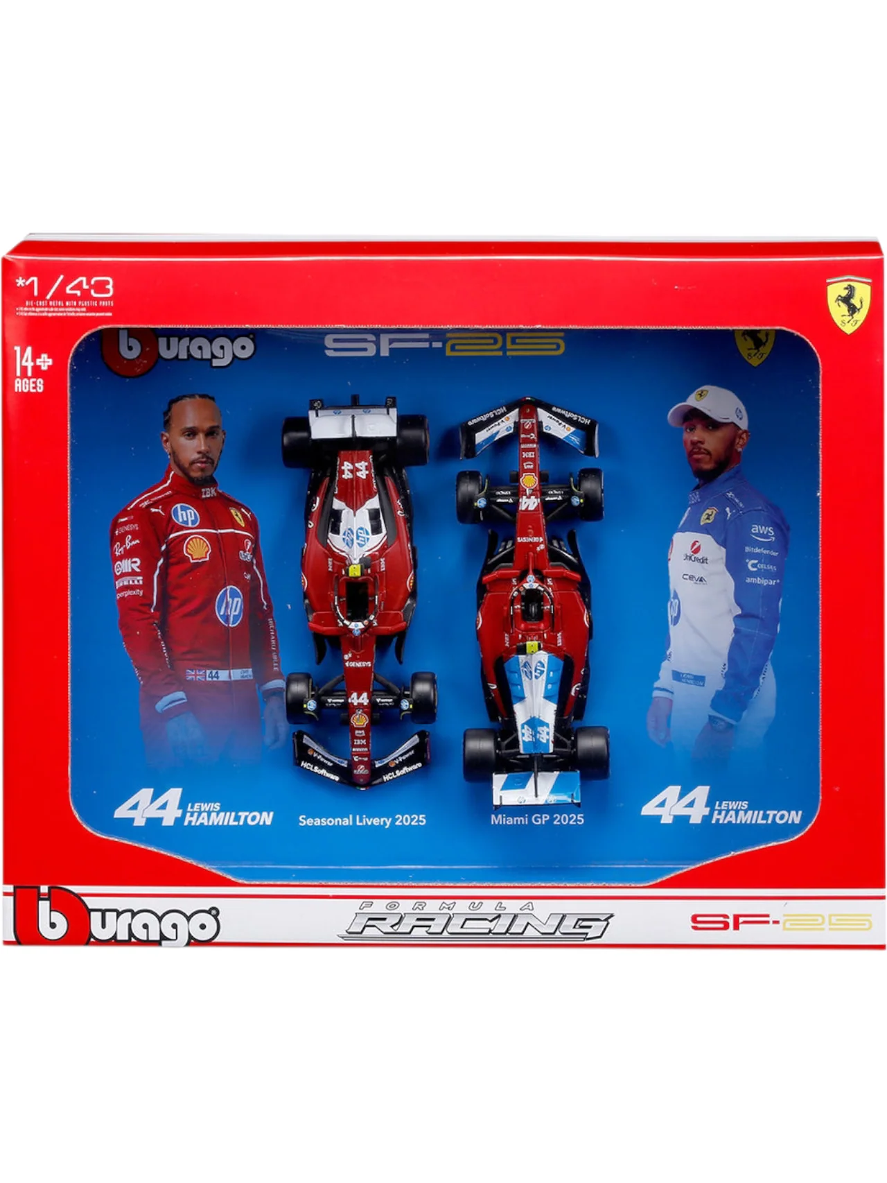 Bburago formula 1 (f1) Ferrari SF-25 Racing 44 Lewis Hamilton (Seasonal Livery 2025 and Miami GP 2025) 1:43 Scale die-cast Model