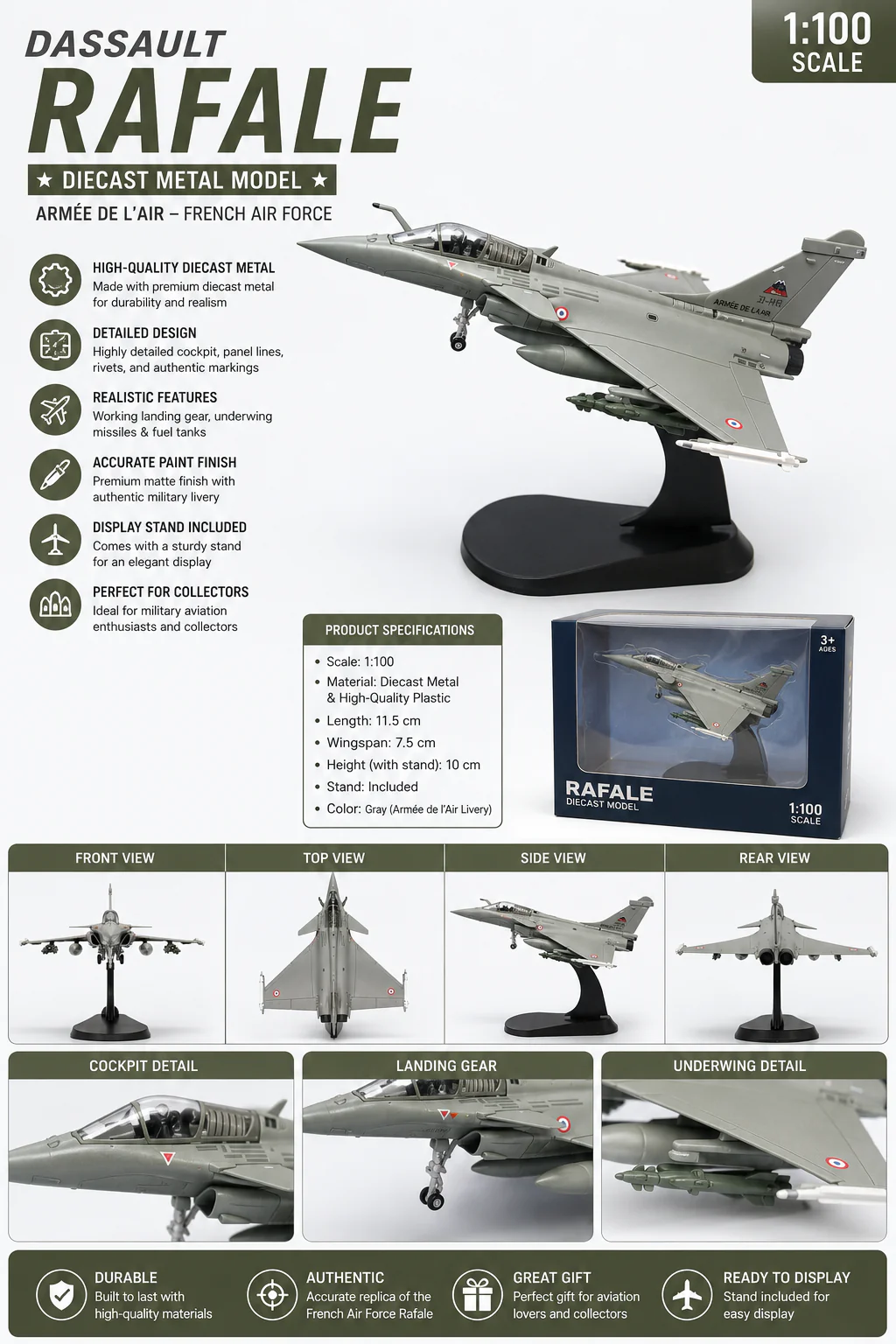 Aircraft Dassault Rafale C French Air Force Diecast Fighter Jet Model Aircraft With Display Stand ( 1:100 Scale) Military Aircraft Armee De L Air - Image 2