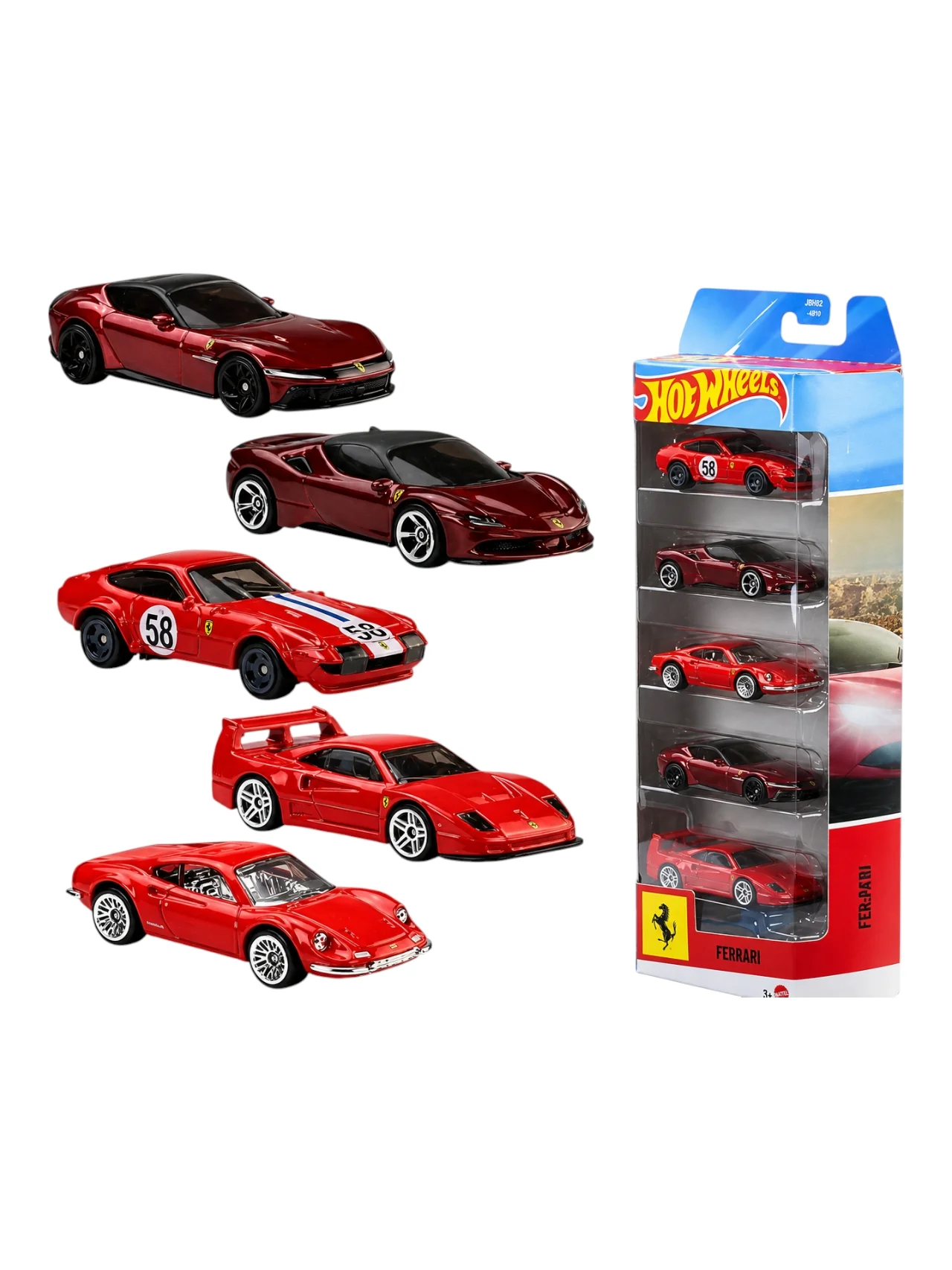 Hot Wheels Car 2026 Ferrari Pack of 5 five pack(Dino 206 GT, SF90 Stradale, 365 GTB4 C, Money Gram Haas, 12 Cilindri F40 Competizione) Imported Mainline 1:64 Scale - Image 3