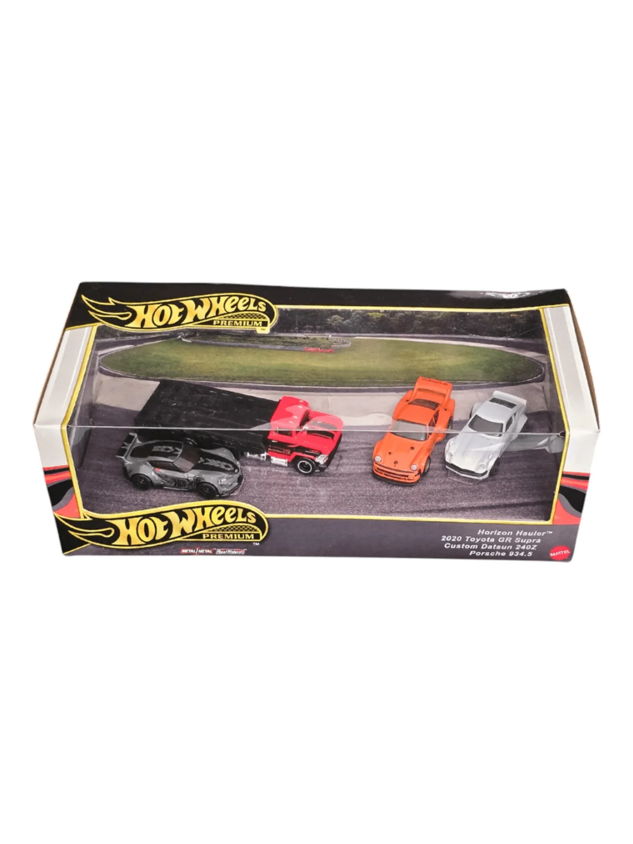 Hot Wheels Premium 4-Piece Die Cast Car Set with Carrier 2020 Toyota GR Supra, Datsun 240Z, Porsche 934.5 1:64 Scale