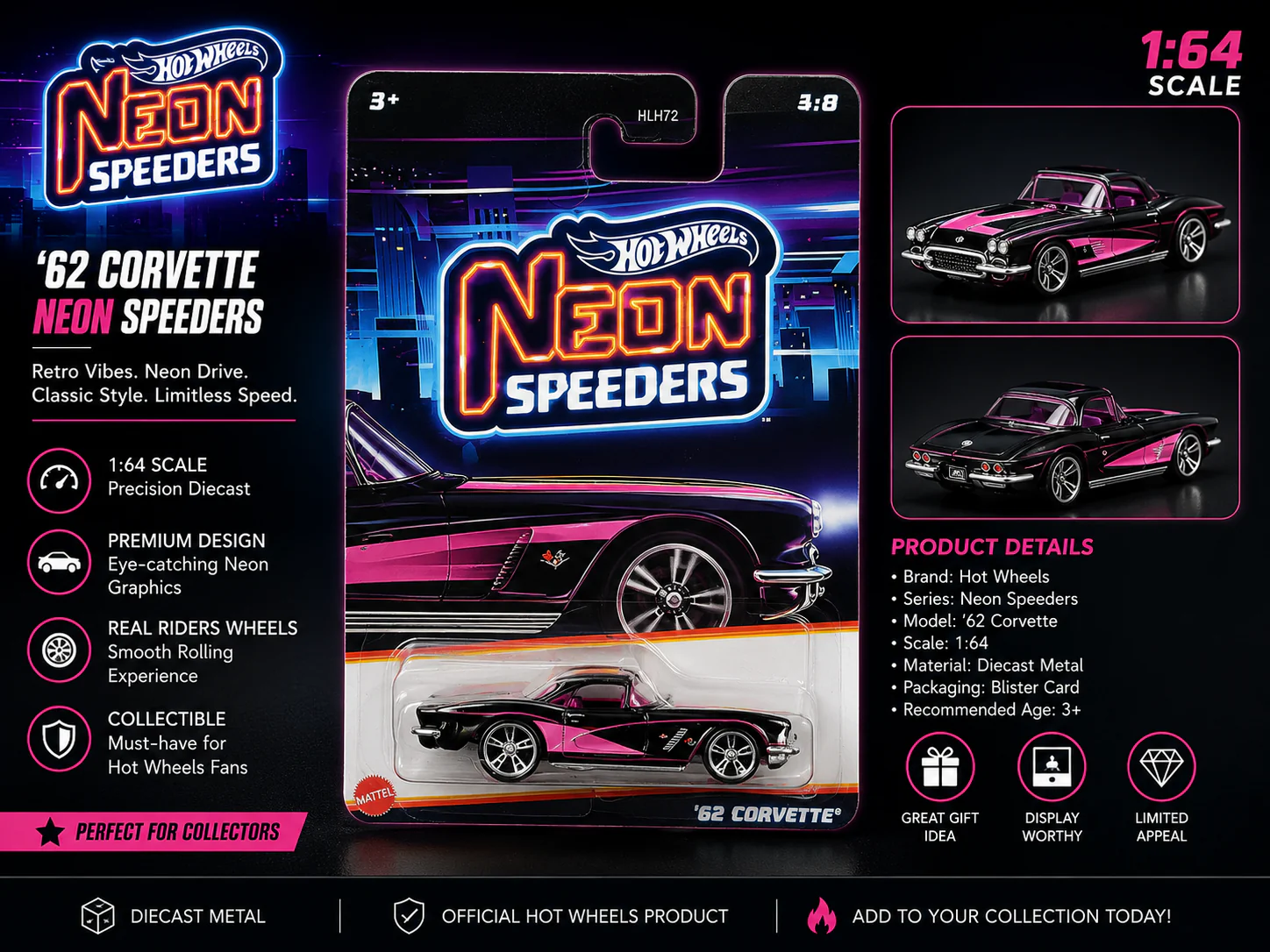 Hotwheels Mainline '62 Corvette – Neon Speeders | 1:64 Scale Diecast Model Car - Image 2