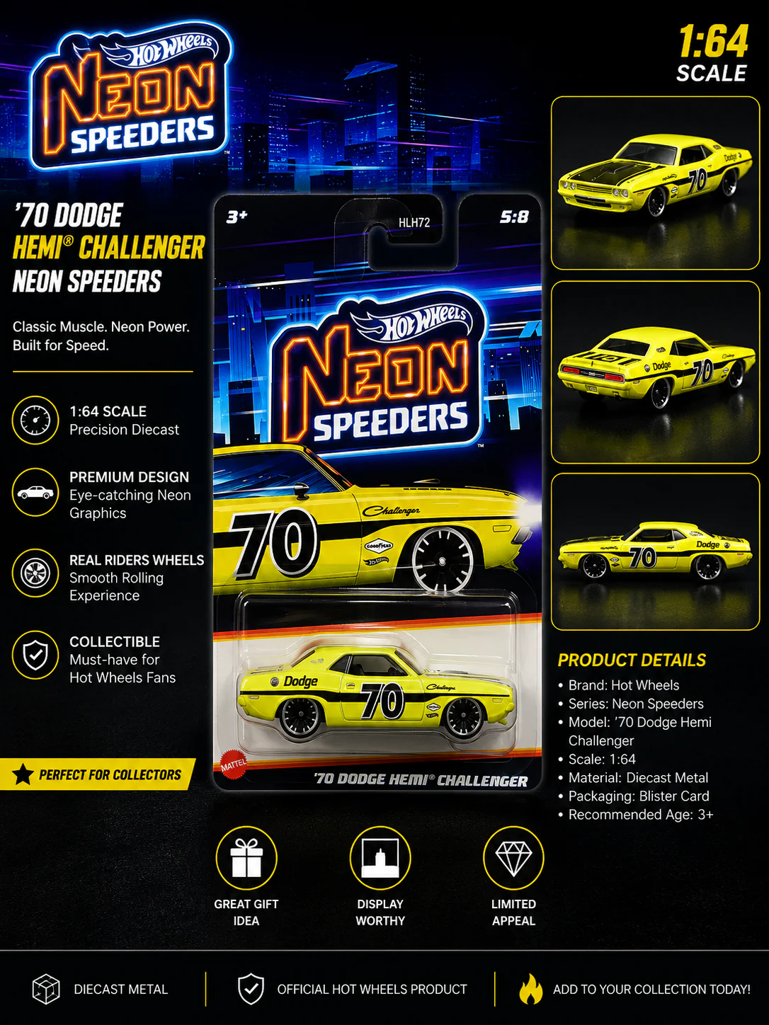 Hotwheels Mainline"70 Dodge HEMI Challenger" Card Art Neon Speeders | 1:64 Scale Diecast Model Car - Image 2