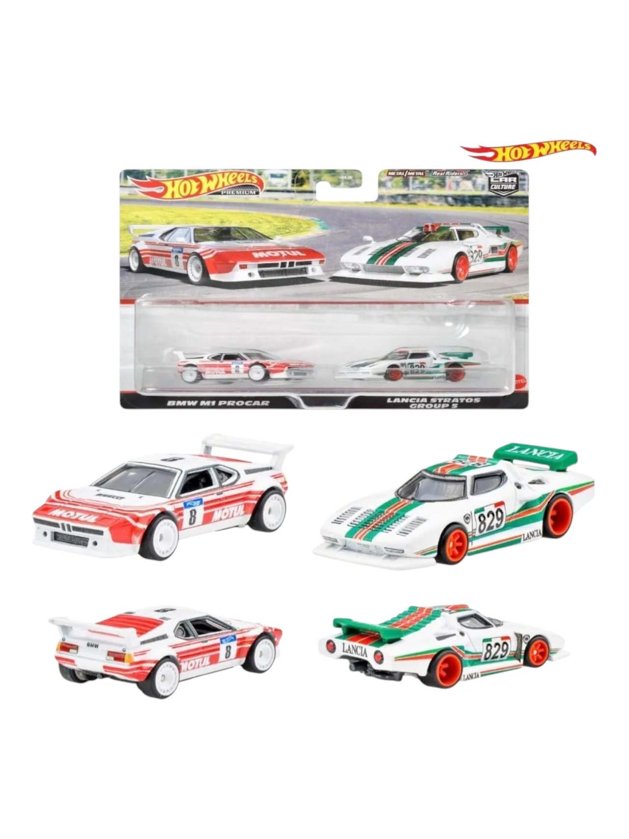 HotWheels Car Culture BMW M1 Procar and Lancia Stratos Group 5 Set of 2 Imported Premium team Transport 1:64 Scale (Blister Damaged) - Image 2