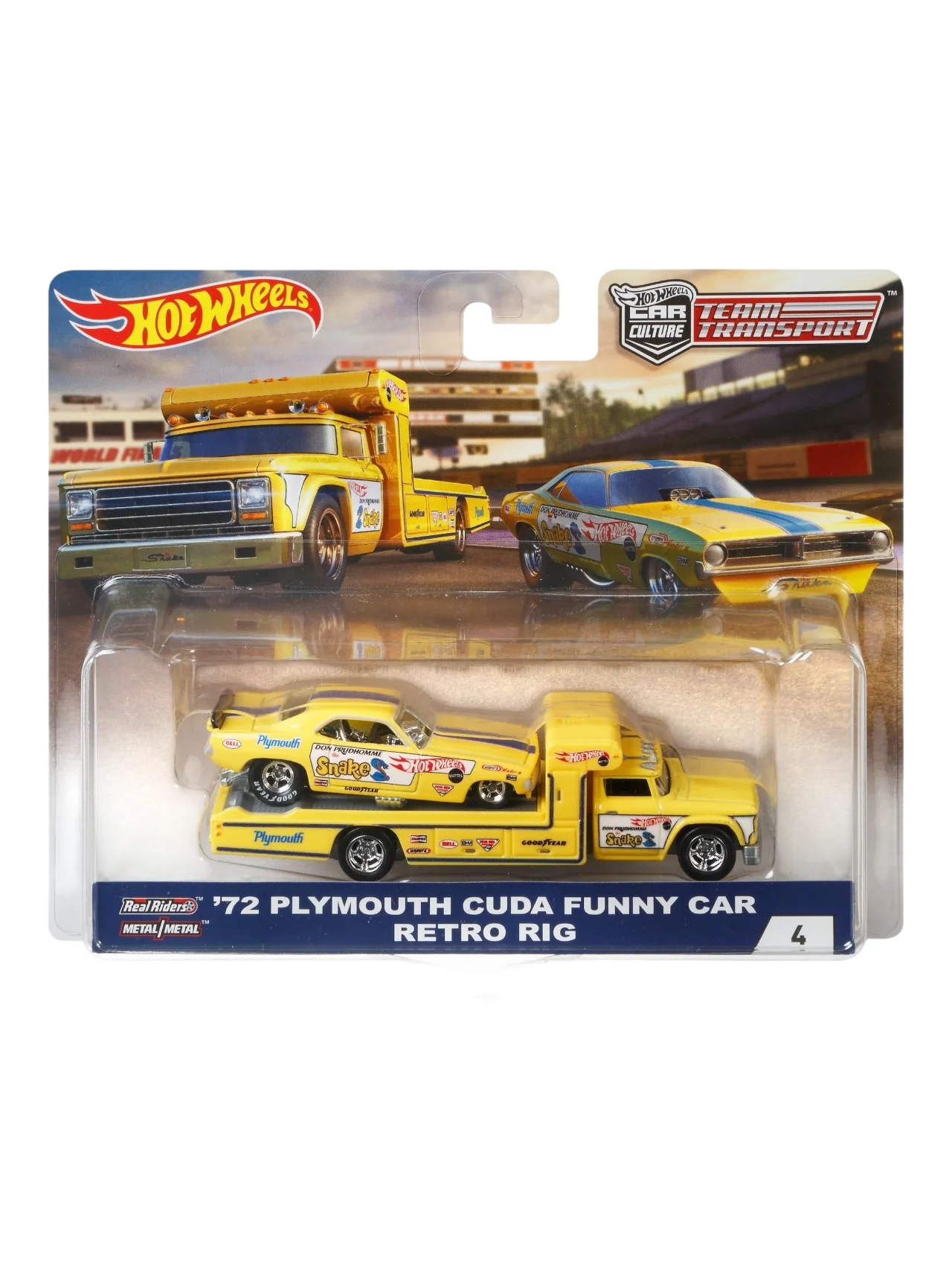 HotWheels Car Culture Team Transport 72 Plymouth Cuda Funny Car Retro Big #4 Imported 1:64 Scale