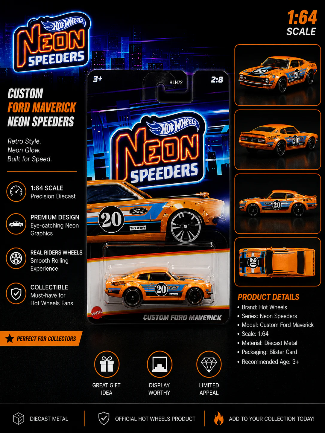 Hotwheels Mainline "Custom / Personnalise Ford Maverick" – Neon Speeders |Card Art  1:64 Scale Diecast Model Car - Image 2