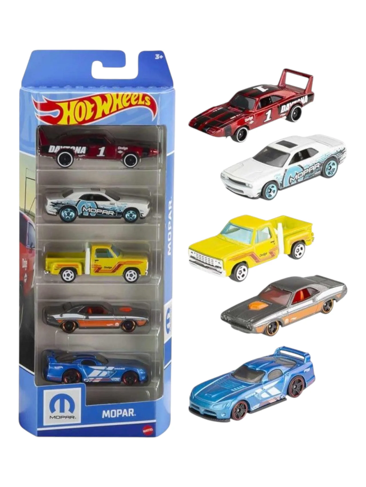 HotWheels Mopar Pack of 5 (Includes 2008 Dodge Challenger SRT 8,1970  Dodge Hemi Challenger, Dodge Viper GTS-R,1978 Dodge LI'L Red Express Truck,1969 Dodge Charger Daytona)