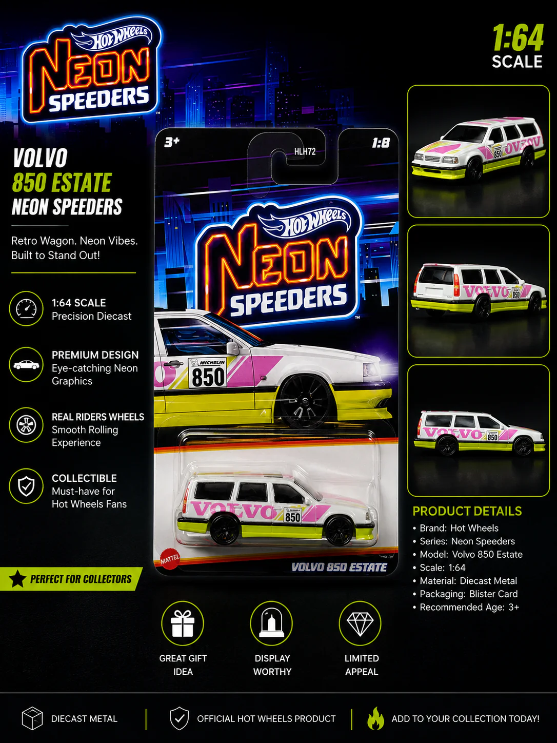 Hotwheels Mainline Neon Speeders "Volvo 850 Estate" Card Art 1:64 Scale Premium Diecast Collectible Car - Image 2