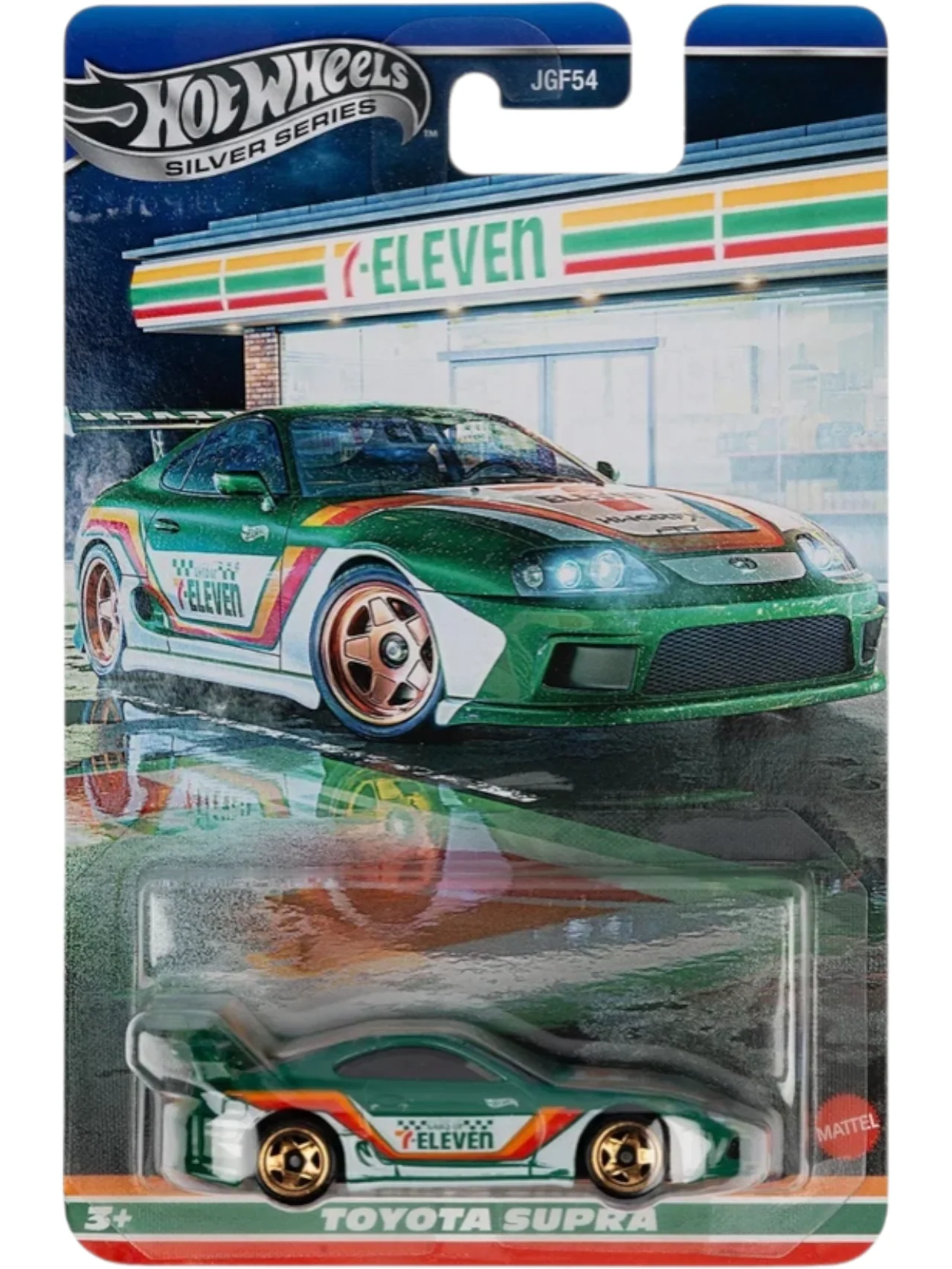 Hotwheels Silver Series 7-Eleven Toyota Supra Imported Card Art Mainline 1:64 Scale (with protector)