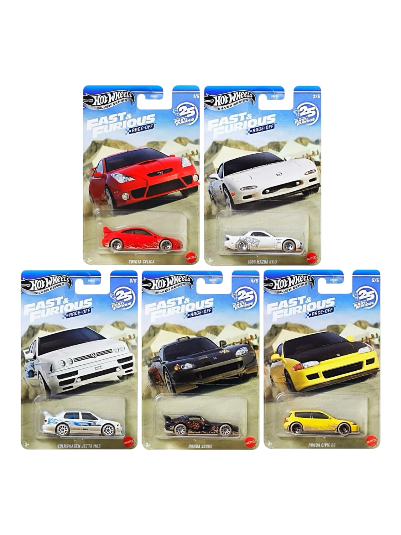 HotWheels Silver Series Fast And Furious Race- Off Set Of 5 Diecast Toyota Celica , Mazda RX-7 , Honda S2000 , Civic Eg , Volkswagen Jetta Mk3 1:64 Scale
