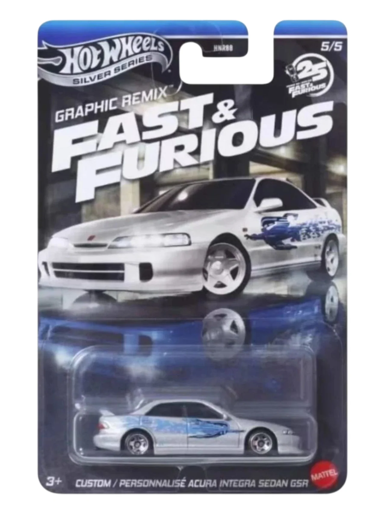 HotWheels Silver Series Graphic Remix Fast and Furious Custom Acura Integra Sedan GSR Imported Mainline Card Art 1:64 Scale