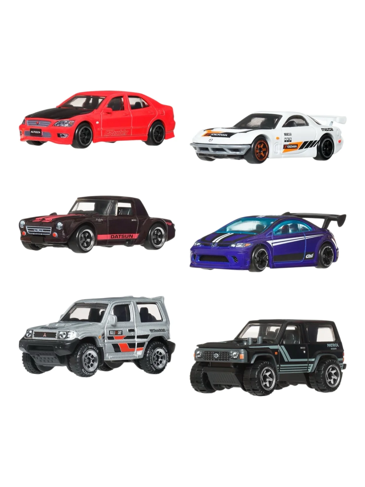HotWheels Silver Series Set Of 6 Diecast Model Car Imported 1:64 Scale Nissan Patrol Custom, Mitsubishi pajero evolution, Datsun Fairlady 2000 , 95 Mazda RX-7 Drift , Honda civic Si, 98 Toyota Altezza - Image 3