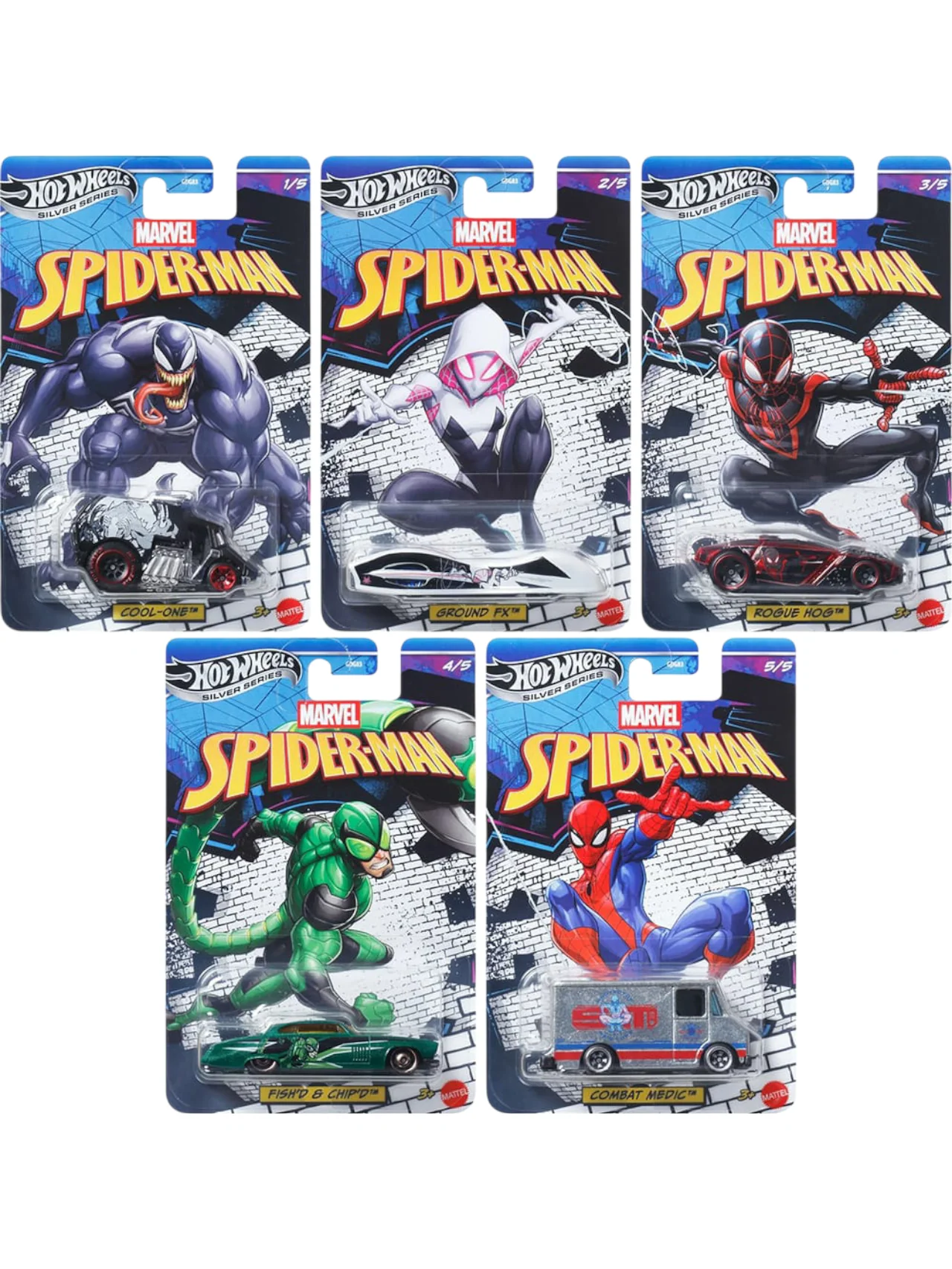 Hotwheels Spiderman Series Set of 5 cars Mainline 1:64 Scale (GDG83-952L)