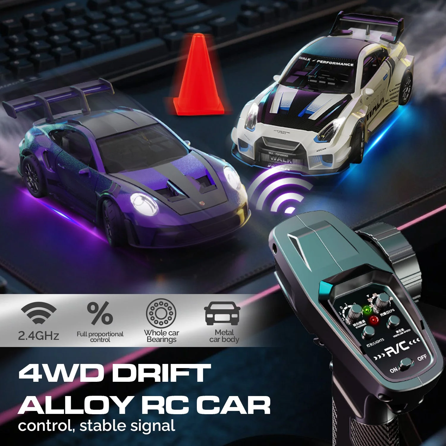 Hstar D43-01Q 4WD Alloy Drift RC Car – 911 Style, Full Proportional Control, Gyro, Dual-Speed, LED Lights & Type-C Charging 1:43 Scale (RC) Remote Control - Image 6
