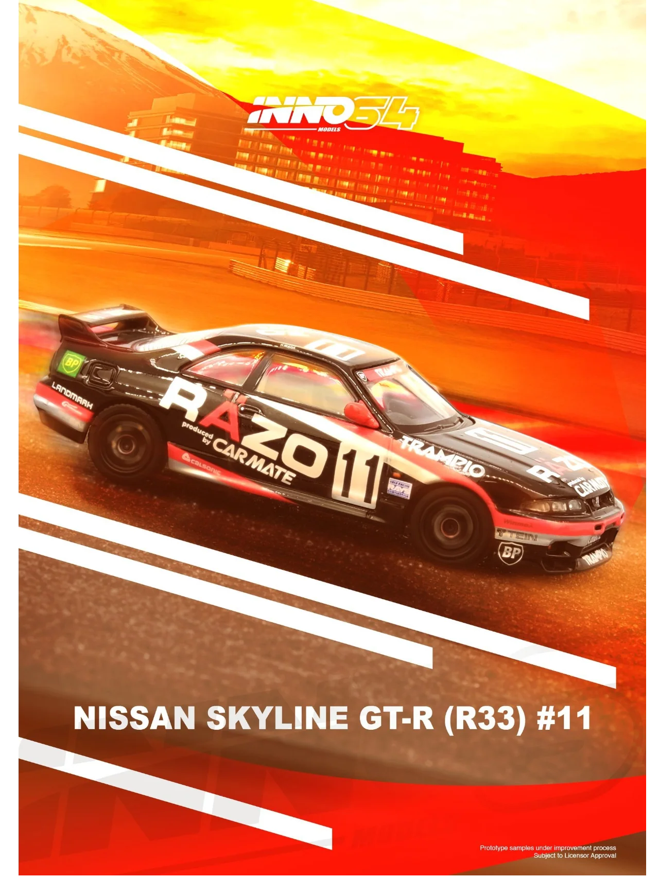 Inno64 Nissan Skyline GT-R (R33) #11 "Razo Trampio" Sendan Highland 1995 Winner Diecast 1:64 Scale (With Acrylic Case) - Image 5