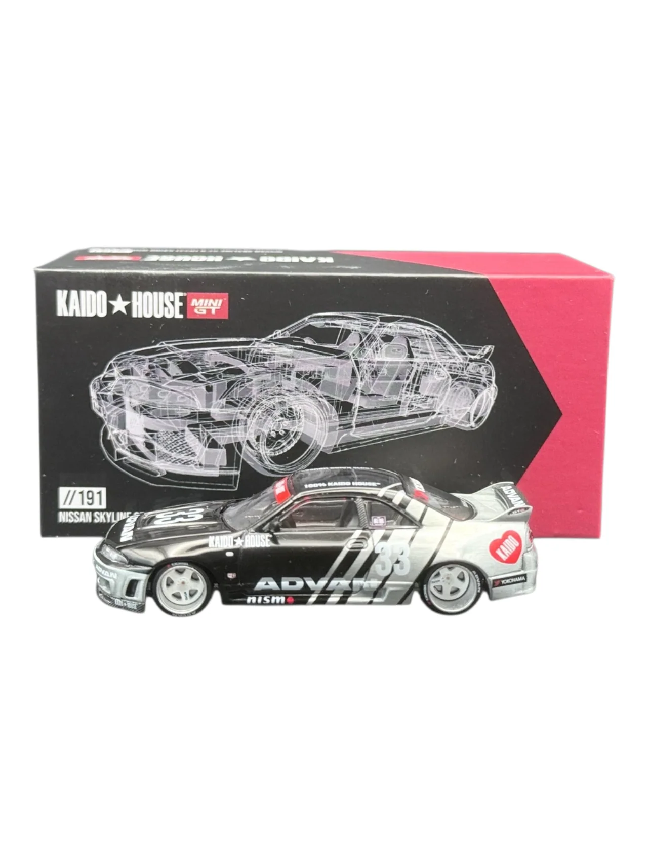 Kaido House x Mini GT Nissan Skyline GT-R (R33) Kaido Works ADVAN (#191) 1/64 Scale