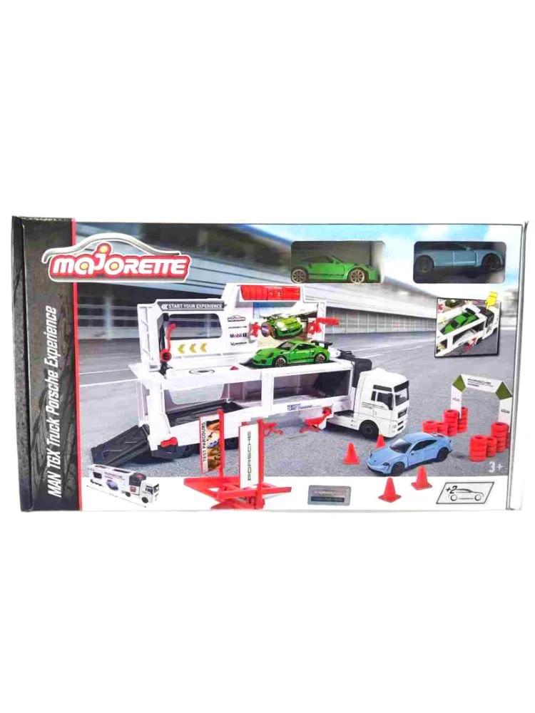 Majorette Man Tgx Truck Porsche Experience Fold-Out Racing Transporter, 27 Cm Long, Includes Porsche Taycan Turbo S And Porsche 911 Gt3