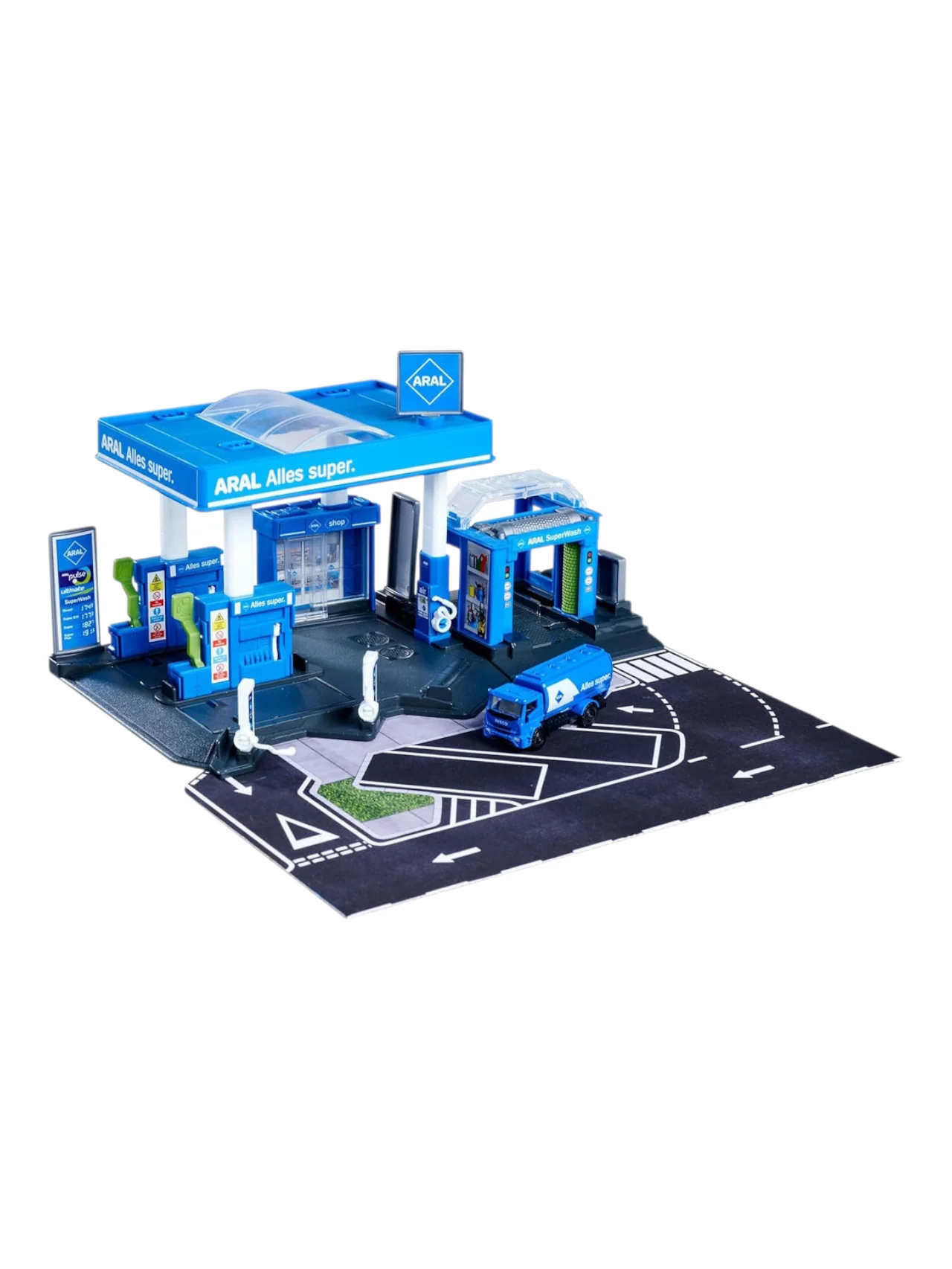 Majorette Petrol Station ARAL + Vehicle | Includes 1 Fuel Tanker | Features Fuel Pump & EV Charger | Car wash and Shop | Suitable for 1:64 Scale Vehicles | Imaginative Role-Play Set for Kids - Image 3