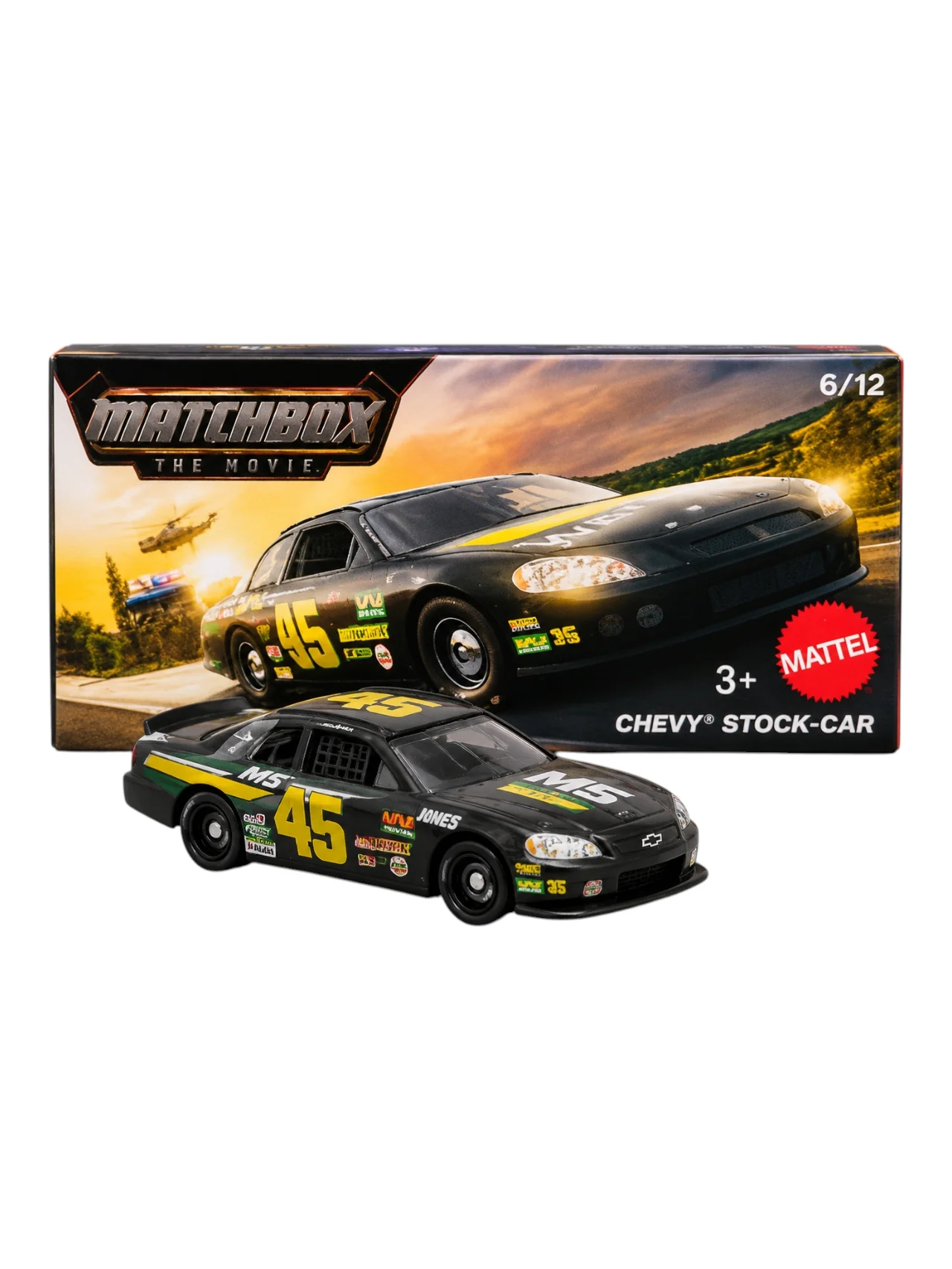 Matchbox Mainline Chevy Stock Car No. 45 Diecast Model Car 1:64 Scale – Black Metal Body Collectible Toy Car