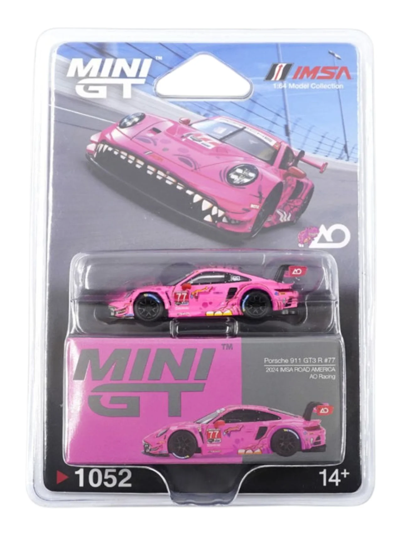 Mini GT #1052: Roxy Porsche 911 GT3 R #77 AO Racing 2024 IMSA Road America 1:64 Scale Box packaging - Image 5