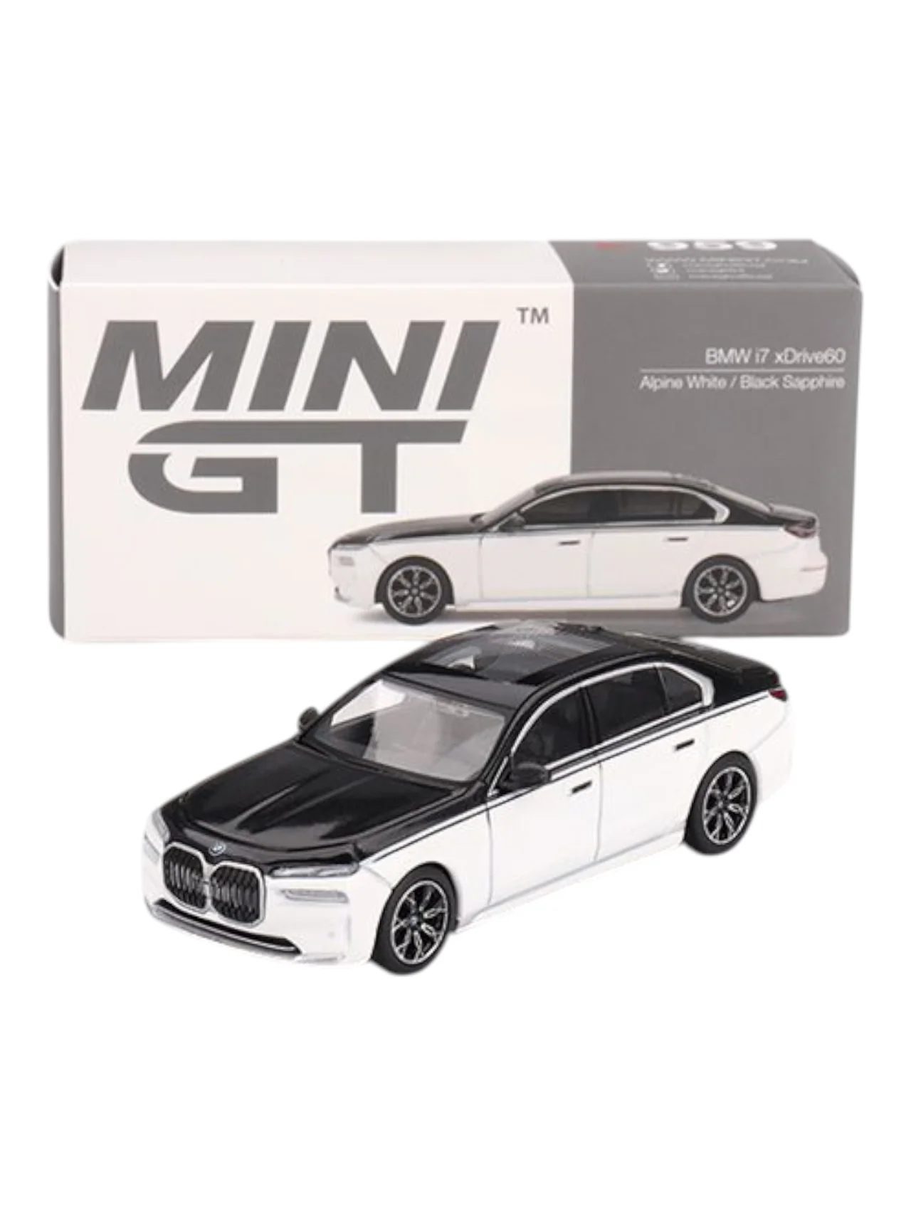 Mini GT BMW i7 xDrive60 (Alpine White/Black Sapphire) 1:64 Scale