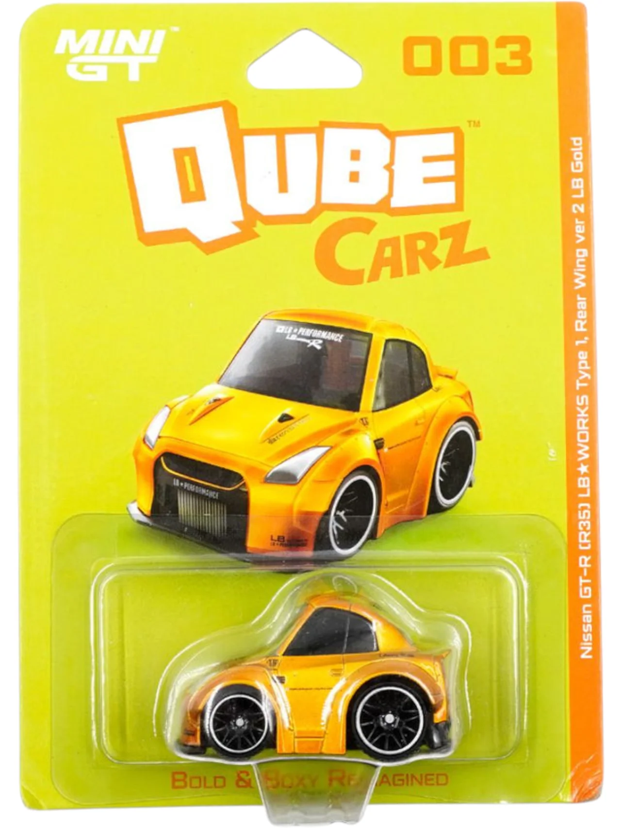 Mini GT Qube Carz Nissan GT-R R35 LB WORKS Type 1, Rear Wing ver 2 LB Gold 1:64 Scale