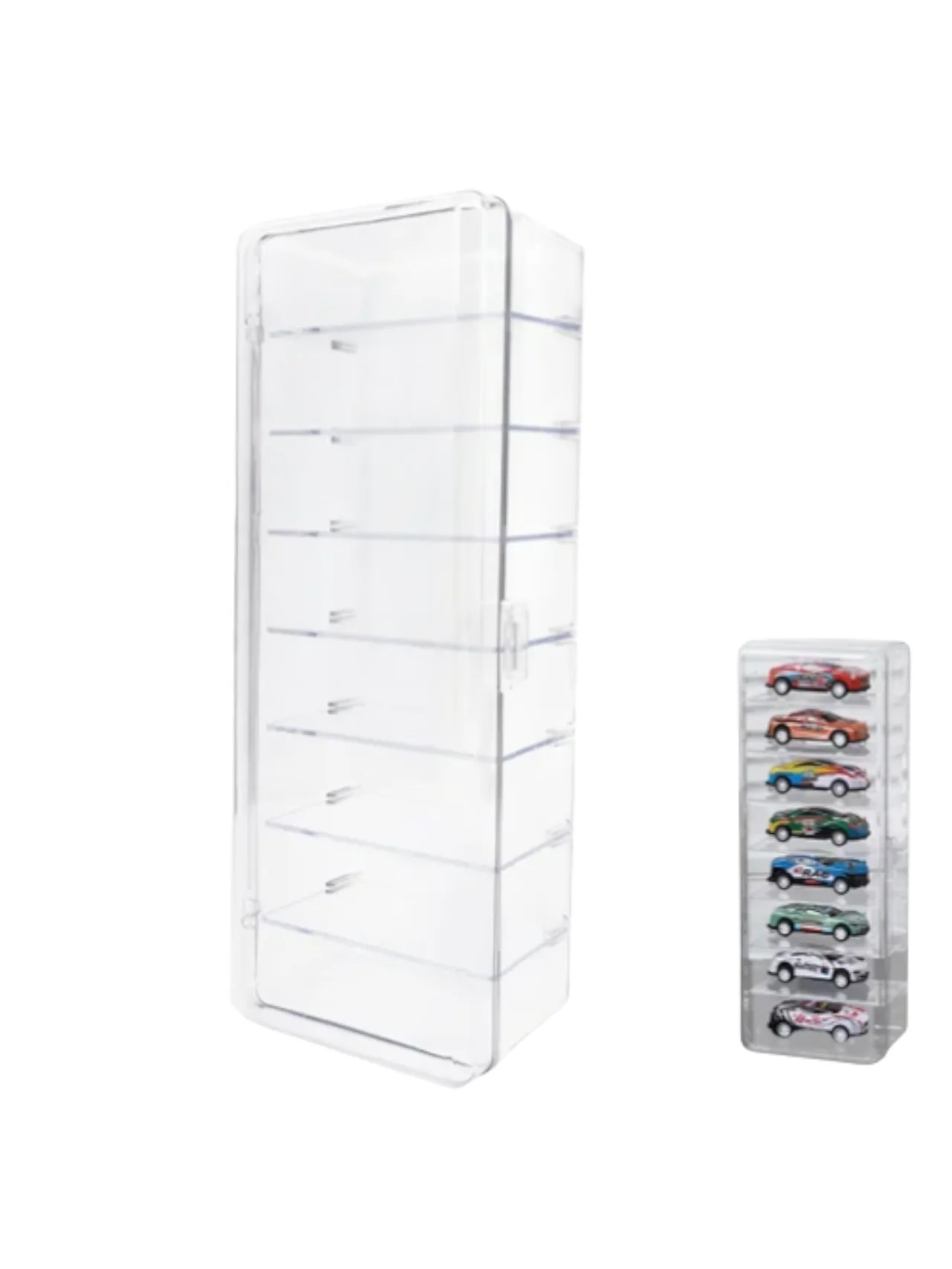 Mini racing car model storage clear display box with door 8 compartments vertical display