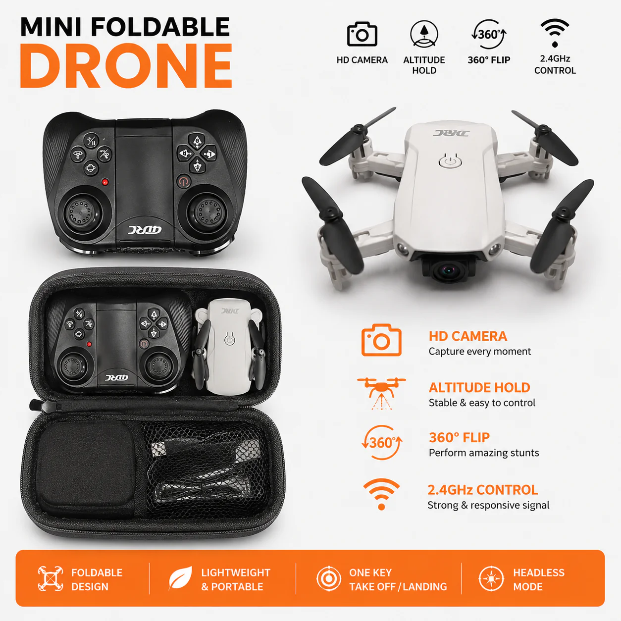 QDRC 4D-V9 Foldable WiFi Camera Drone with HD Camera, Remote Controller, Carry Case & USB Charging Cable - Image 3