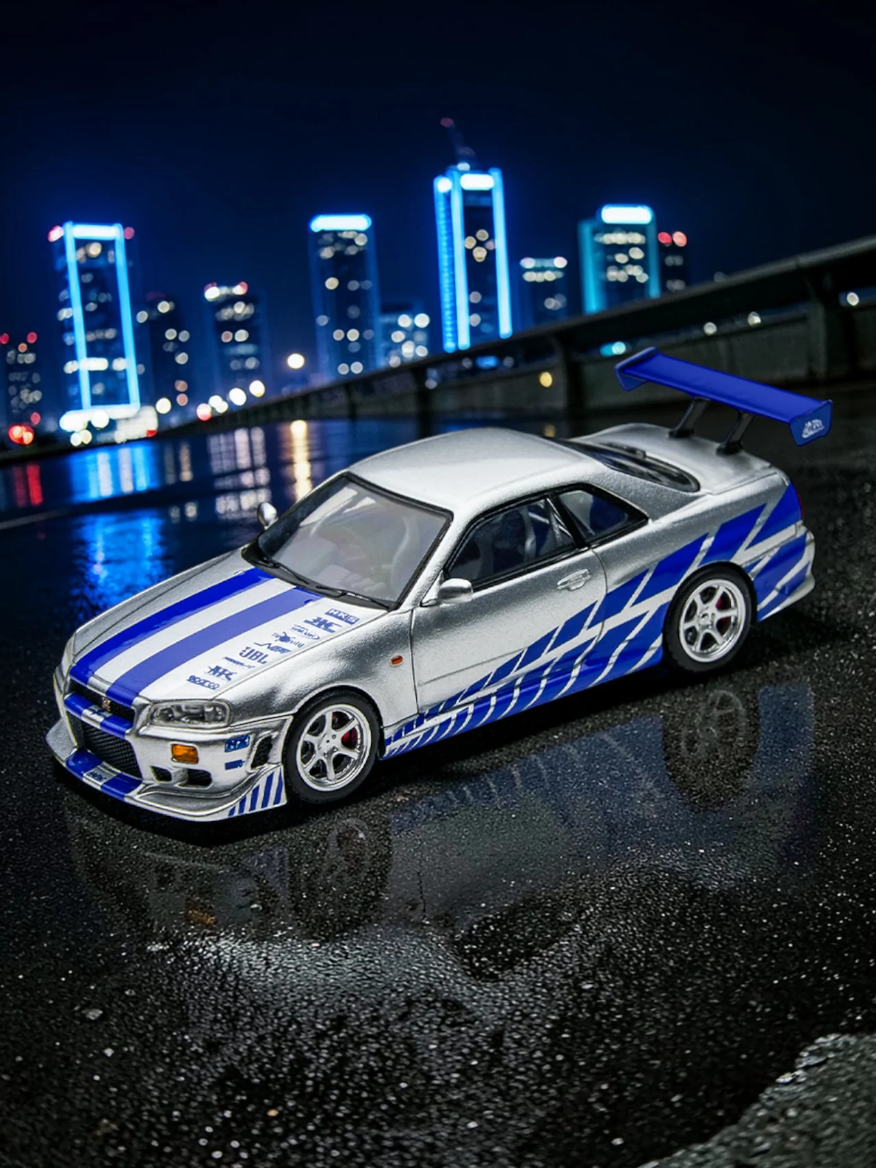 Timemicro Nissan Skyline GT-R R34 Premium Die-cast Collectible Car Model (Blue Stripe Edition) 1:64 Scale - Image 4