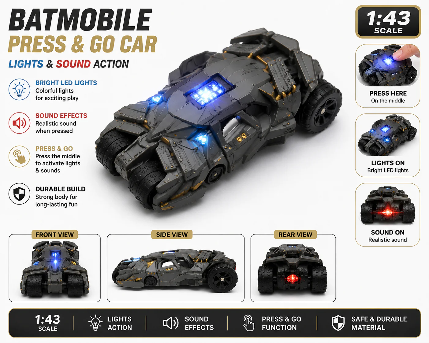 BATMAN Tumbler 1:43 Scale Diecast Model Car with Light & Sound – Press Activation - Image 5