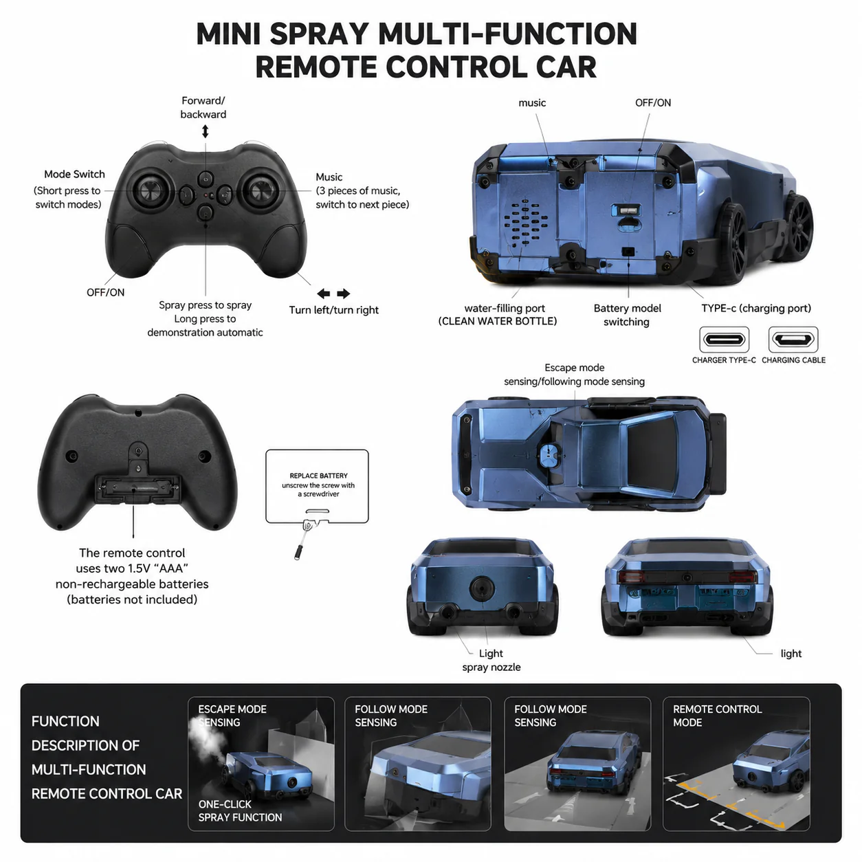 2.4GHz Mini Spray Drift Remote Control Car with Mist Spray, Follow Mode, Escape Mode, Light & Sound RC Toy Car 1:43 Scale - Image 8