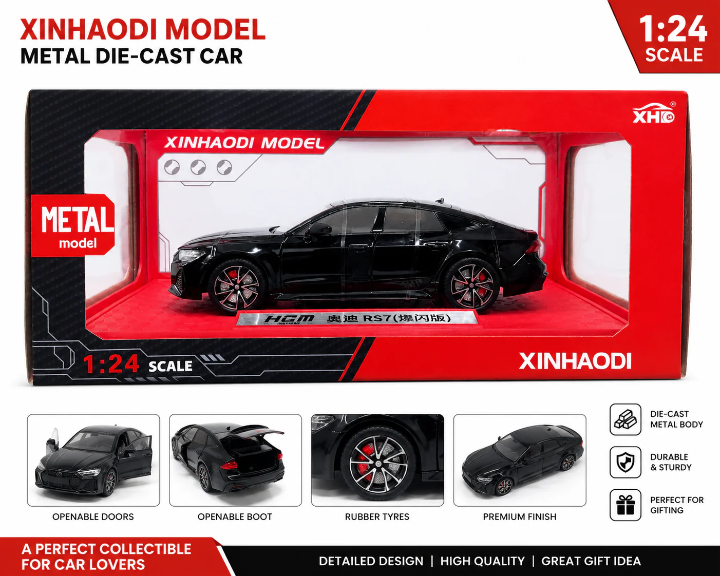 XINHAODI HCM "Audi R S7" Flash Edition(Black And Grey) Imported 1:24 Scale die-cast Model - Image 3