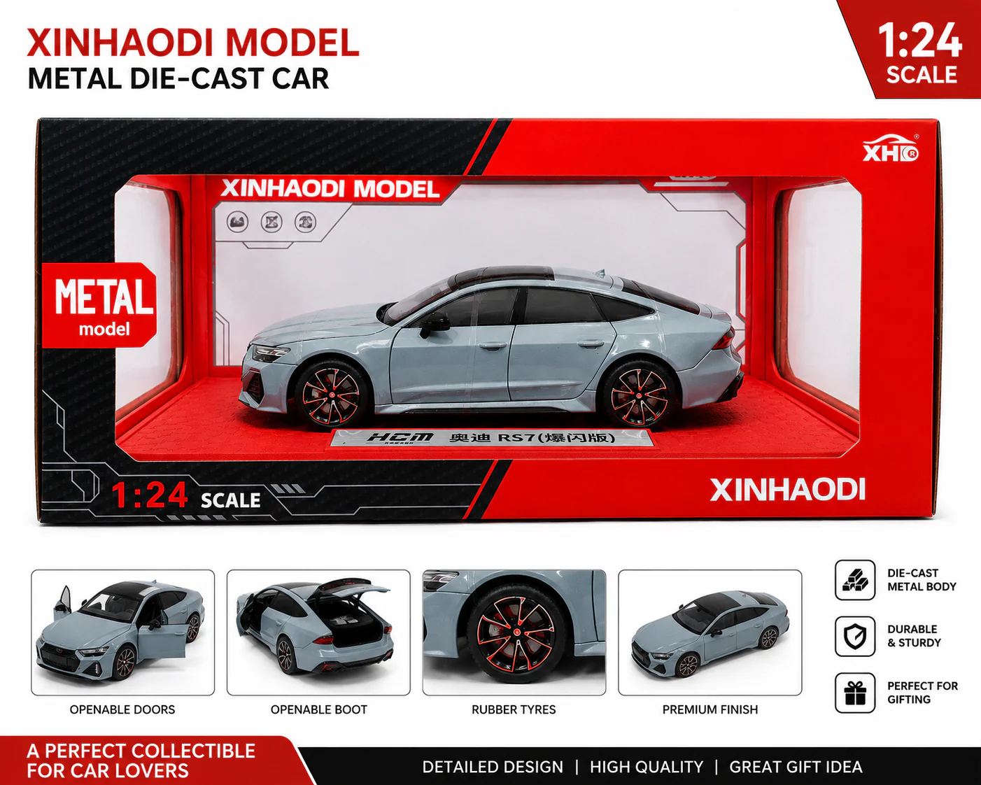 XINHAODI HCM "Audi R S7" Flash Edition(Black And Grey) Imported 1:24 Scale die-cast Model - Image 4